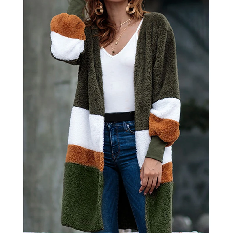 Autumn Women Overcoat Casual Loose Thick Warm Slim Pockets Cardigans Long Sleeve Cardigan Patchwork Color Knit Tops |