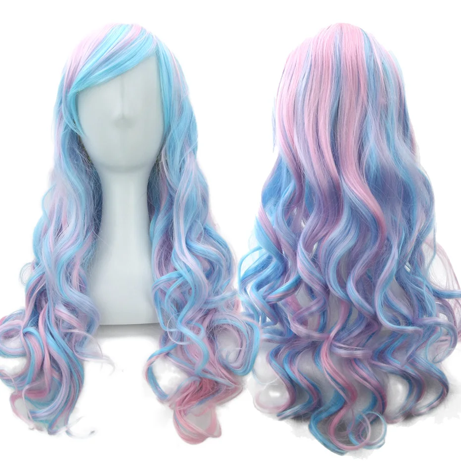 

New Anime Game Lolita Cosplay Wig Halloween Play Party Mixed Color Blue Pink Wig Long Curly Wig+Hairnet Double Ponytail