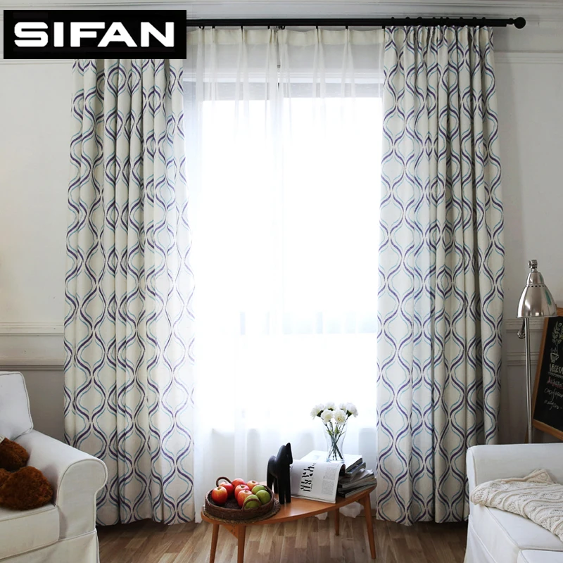 New Striped Curve Printed Cotton Linen Curtains for Living Room Bedroom Modern Window Curtain