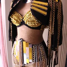 Сексуальный женский сценический костюм для певцов, певец, Dj Ds, Золотая зеркальная цепочка с кисточками, куртка без рукавов, Одежда для танцев