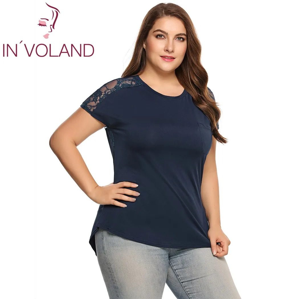 

IN'VOLAND Women T-Shirts Tops Summer Fashion Plus Size O-Neck Short Sleeve Lace Patchwork Ladies Tshirt Female Tees Oversized
