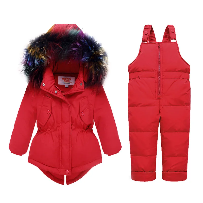 Комплекты одежды для маленьких девочек-25 градусов, для русской зимы, цветное меховое пальто с капюшоном+ комбинезон, зимний детский костюм - Цвет: Red