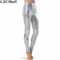 LZCMsoft серебряные женские блестящие металлические леггинсы для танцев с высокой талией длинные штаны из лайкры узкие брюки для сцены - фото