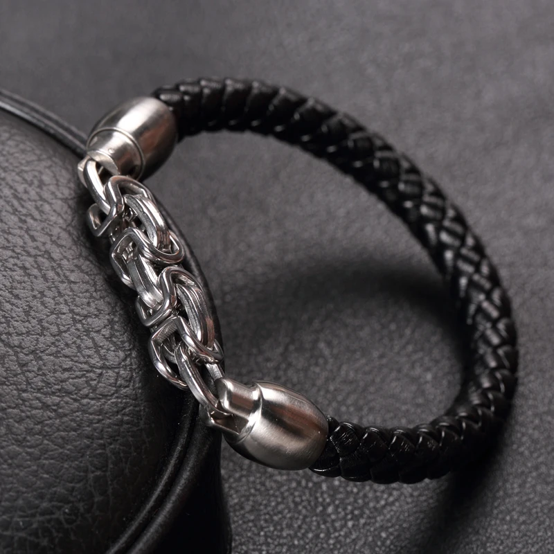 

MOGE Trendy 8mm Round Braided Leather Bracelets Men cool Stainlees Steel Leather Bracelets & Bangles Male Female Jewelry