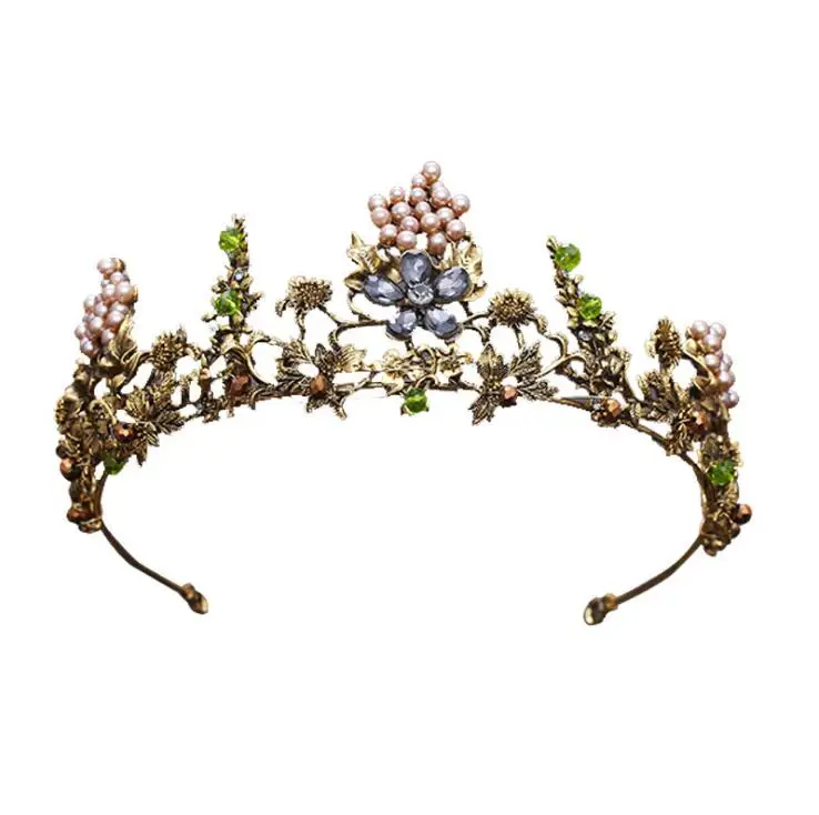 KMVEXO Baroque Vintage Gold Crystal Flowers Beads Tiaras Rhinestone Queen Crowns Wedding Hair Accessories Luxury Headband Diadem