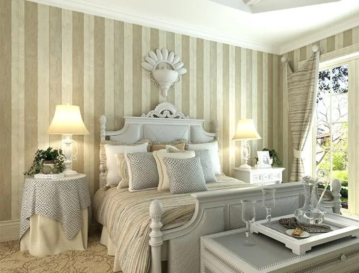

American woven striped wallpaper wood bedroom living room TV wall Mediterranean Children