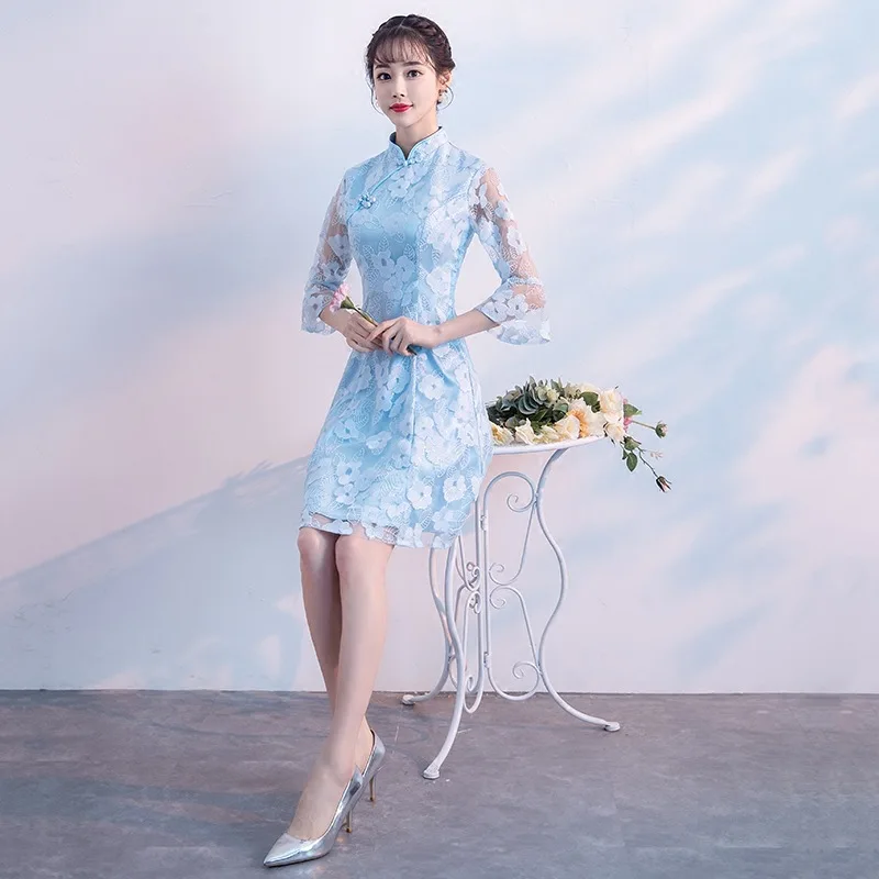 Синий традиционный китайское платье Ципао женские вечерние платья Винтаж Cheongsam Для женщин невесты короткие кружевные Cheongsam современный
