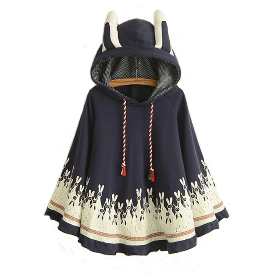 

New Spring Autumn female Cloak Jacket Women Cotton Hooded Cute Bunny Print Loose Coat Girl's Shawl Overcoat