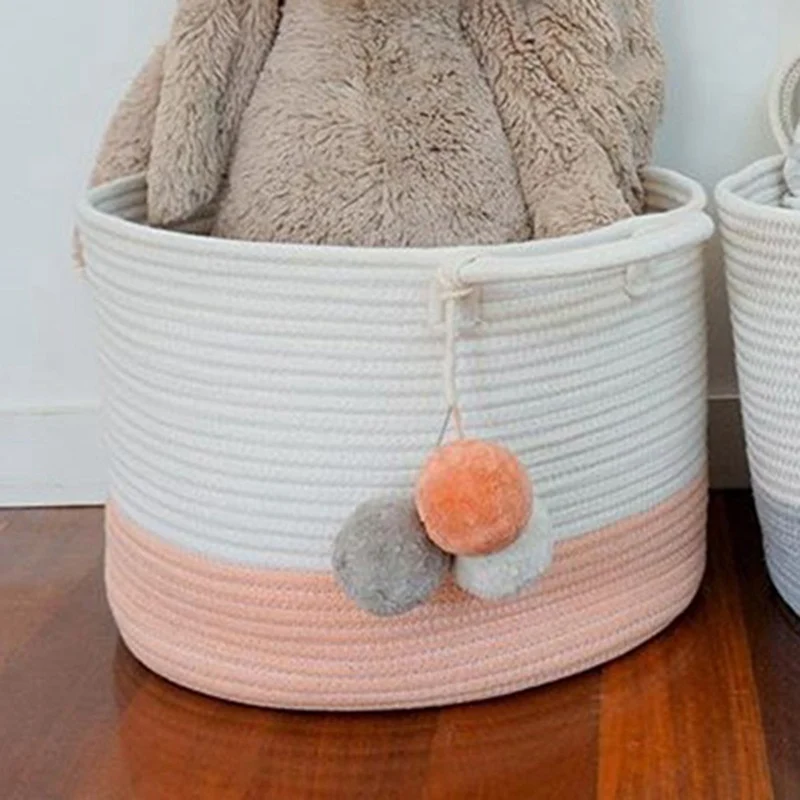 Новая хлопчатобумажная веревка тканевая корзина для белья Помпон украшения стиральная ёмкость для хранения грязной одежды корзина Детские игрушки складная корзина - Color: PK