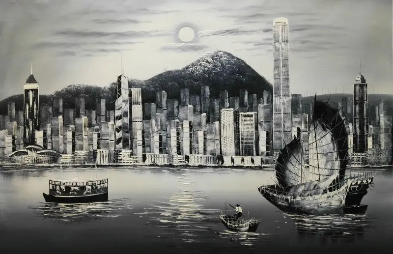 Hand Painted Oil Canvas Painting White and Black Hong Kong's Victoria