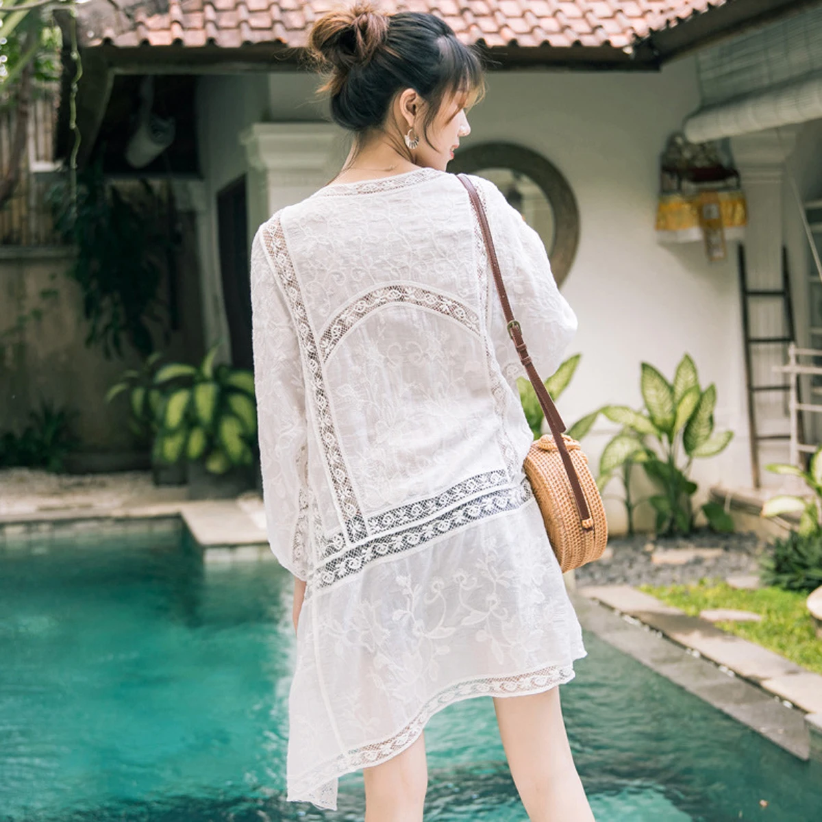

Jastie Boho Patchwork Lace Embroidery Women Cardigan Long Jacket Loose Batwing Sleeve Kimono Beach Sunscreen Clothing Coat Tops