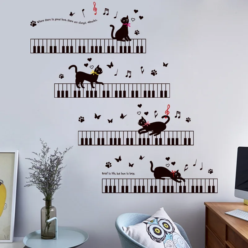 Наклейки на стену с изображением кота на фортепиано для детской комнаты, спальни, художественный фон, плинтус, ПВХ, плинтус, Бабочка, Настенный декор