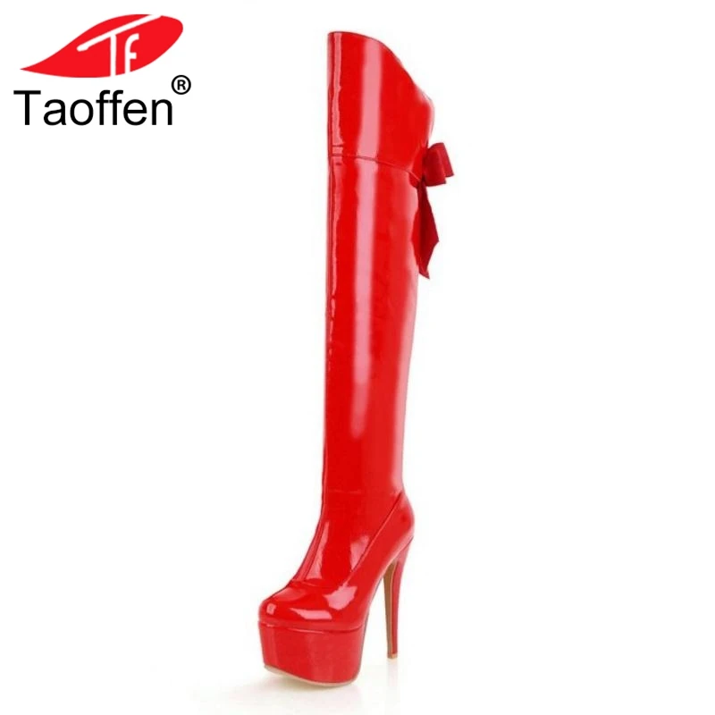 

TAOFFEN Plus Size 33-48 Sexy Women High Heel Boots Bowknot Zipper Platform Warm Shoes Women Patent Leather Over Knee Boots