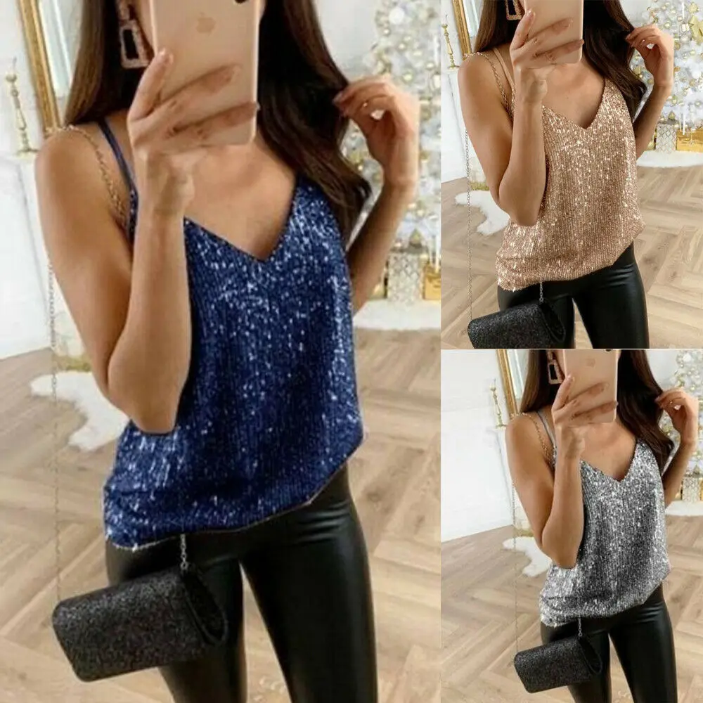 

Fashion Brand New Women Tank Tops Shiny Paillette Vest Top Bralette Clubwear Female Sequined Camis Gold Silver Plus Size XXL