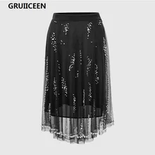 Gruiiceen роскошный жемчуг бисера Для женщин юбка черные длинные плиссированные Юбки для женщин зима Высокая Талия модные сетчатые шикарная юбка faldas Mujer
