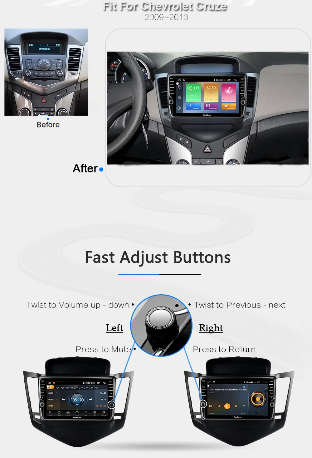 Best Funrover octa core 2 din android 9.0 car dvd multimedia player For Chevrolet Cruze 2009-2013 car radio gps navigation stereo DSP 3