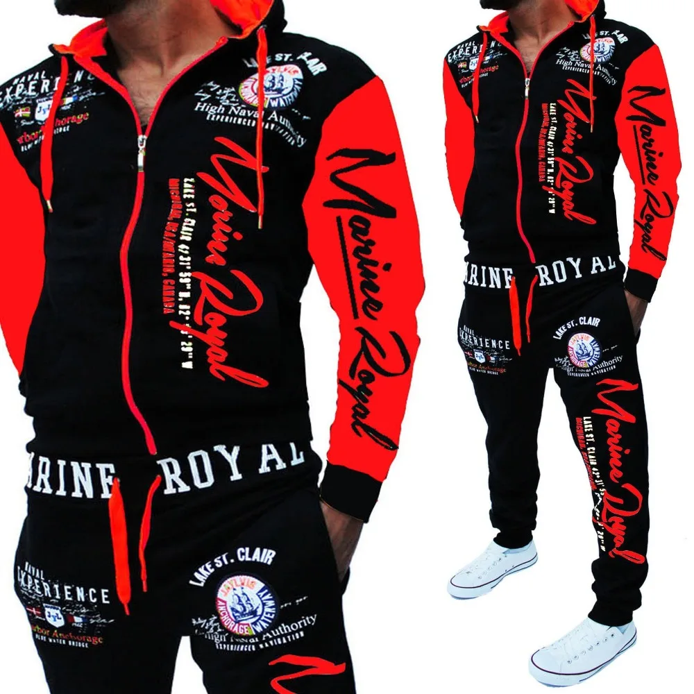 Мужской спортивный костюм куртка с капюшоном костюм Для мужчин s спортивные костюмы Новый Sportwear Для мужчин Jogger набор печатных спортивный