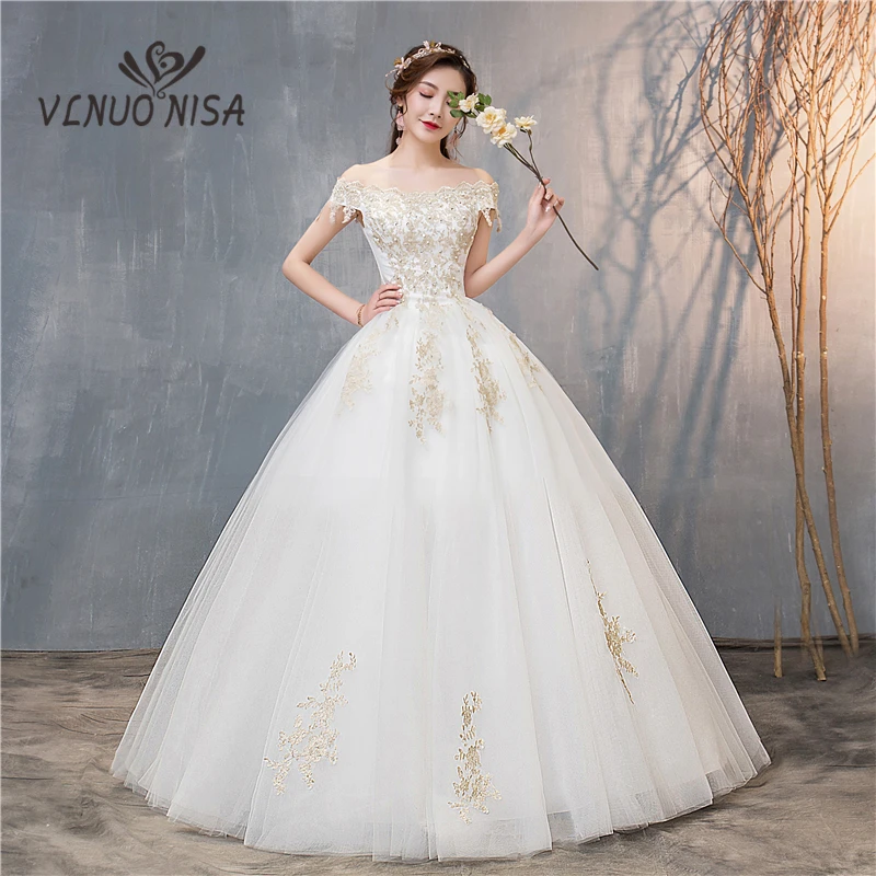 

New Lace Wedding Dress Vestidos De Novia Gold Lace Embroidery Tulle Boat Neck Ball Gowns Plus Size Cheap Robe De Mariage 20