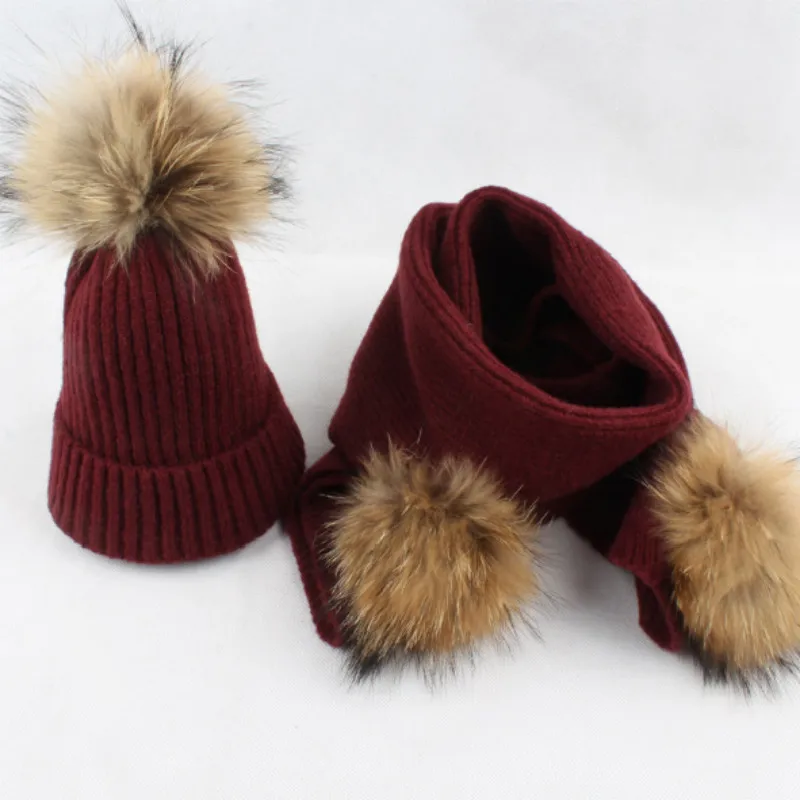Семейный комплект из 2 предметов, теплая шерстяная шапка шарф, настоящий помпон из меха енота, зимняя шапка с воротником, теплая Толстая теплая шерстяная шапка с мехом - Цвет: Бургундия