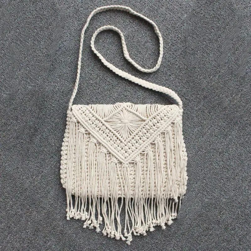 Fashion Bohemian Tassel Beach Bag Women Crochet Fringed Crossbody Bag Ultralight Shoulder Bag Hollow Out Women