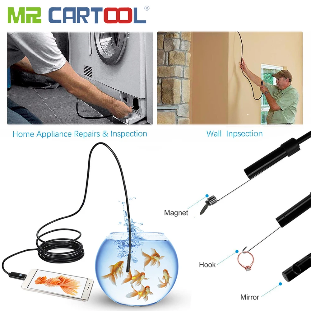 Mr Cartool USB светодиодный Зеркало для осмотра инструмент эндоскоп Micro Камера с 6 регулируемое светодиодное освещение 1,3 млн пикселей 1 м длина