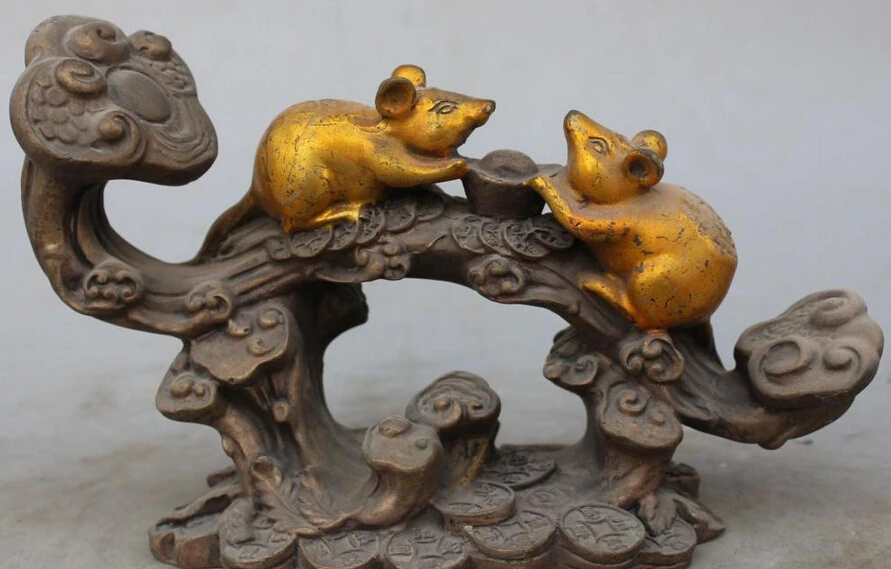

9" Old Chinese Silver Gilt Wealth Money Yuanbao Ru Yi Two Mouse Animal Statue S0708 (B0413)