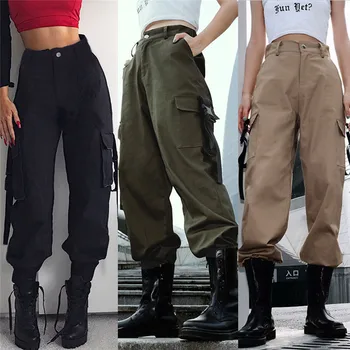 

2019 Womens Casual High Waist Pants Hip Hop Dance Military Jogging Hiking Trousers Combat Camouflage Jeans Trouser