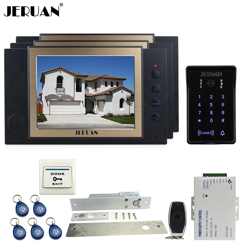 JERUAN Wired 8`` video doorphone Record intercom system kit 3 monitor New RFID waterproof Touch Key password keypad Camera 8G SD