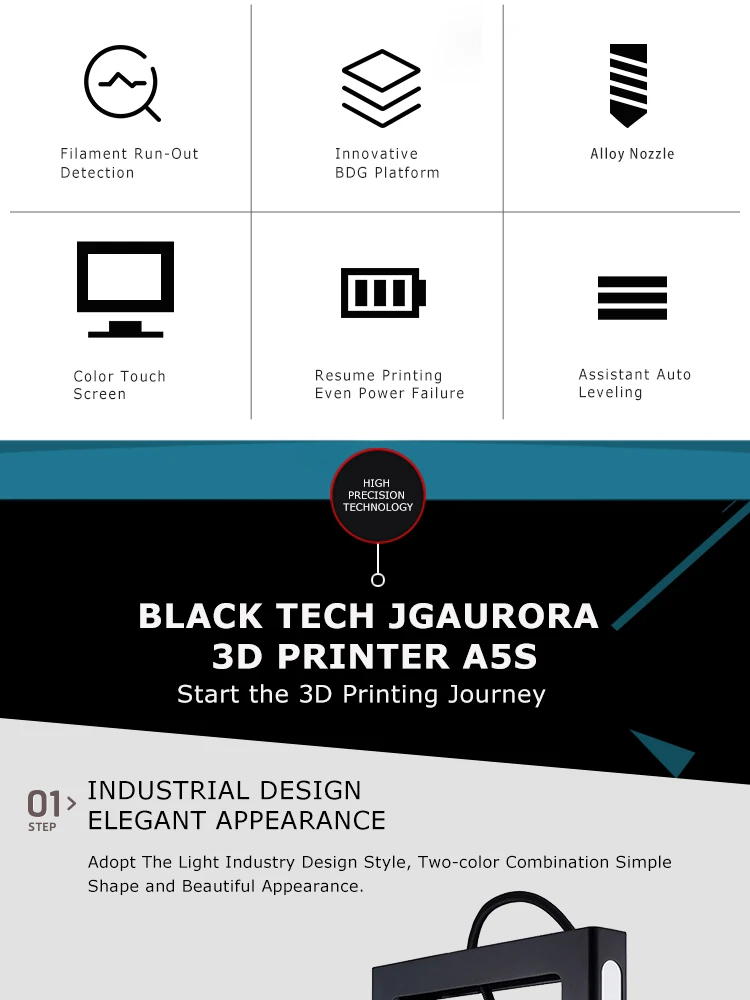 12 шт./лот JGAURORA A5S 3d принтер DIY наборы, печать, отключение питания, нити, обнаружение 3D Drucker с питанием