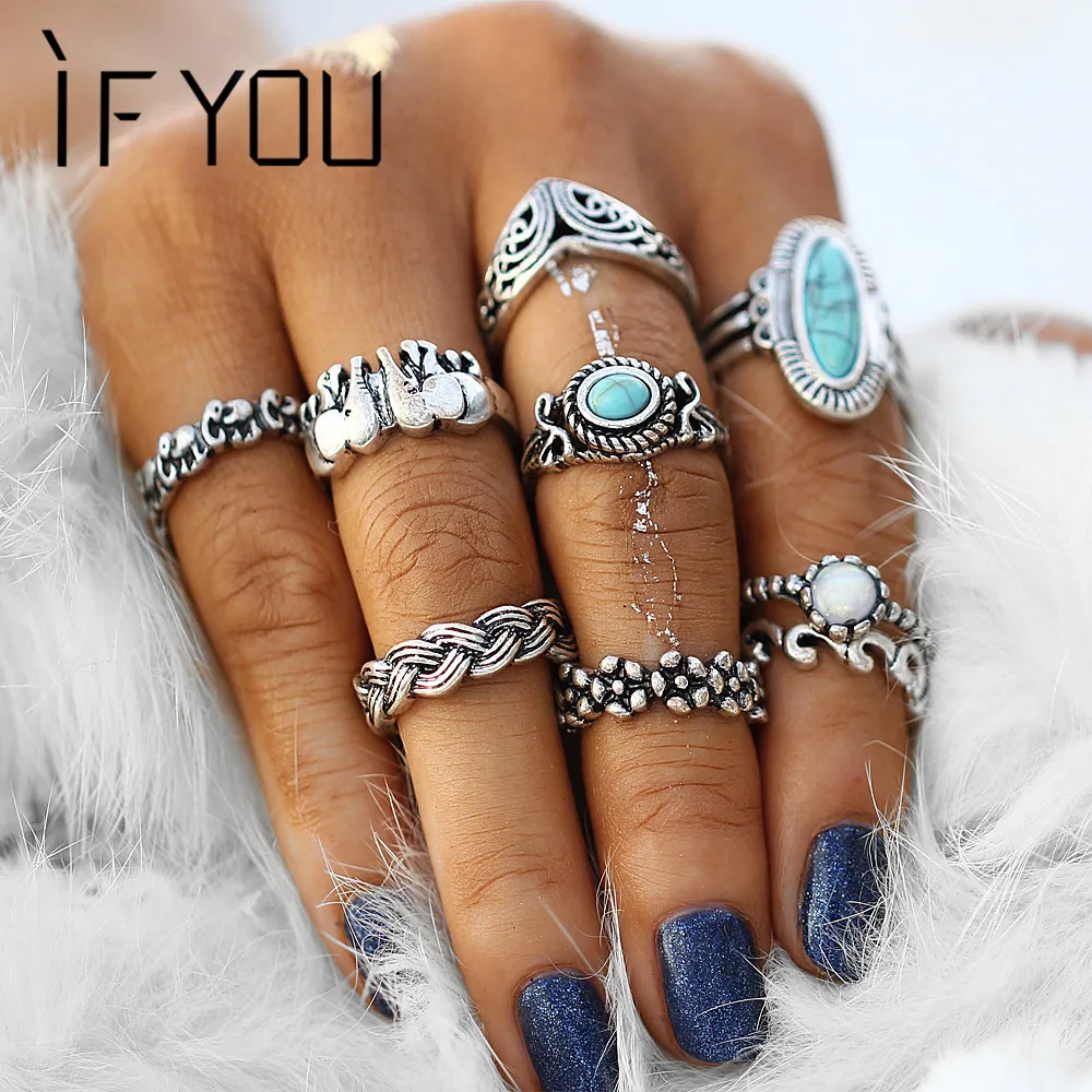 

IF YOU 9PCs/Set Vintage Natural Stone Mixed Midi Knuckle Rings Set For Women Anel Boho Elephant Turkish Finger Ring Jewelry Gift