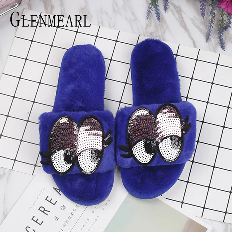 

Women Slippers Fur Winter Indoor Shoes Flat Cartoon Eyes Home Slippers Warm Soft Non Slip Female Plush Colorful Shoes Ladies DE