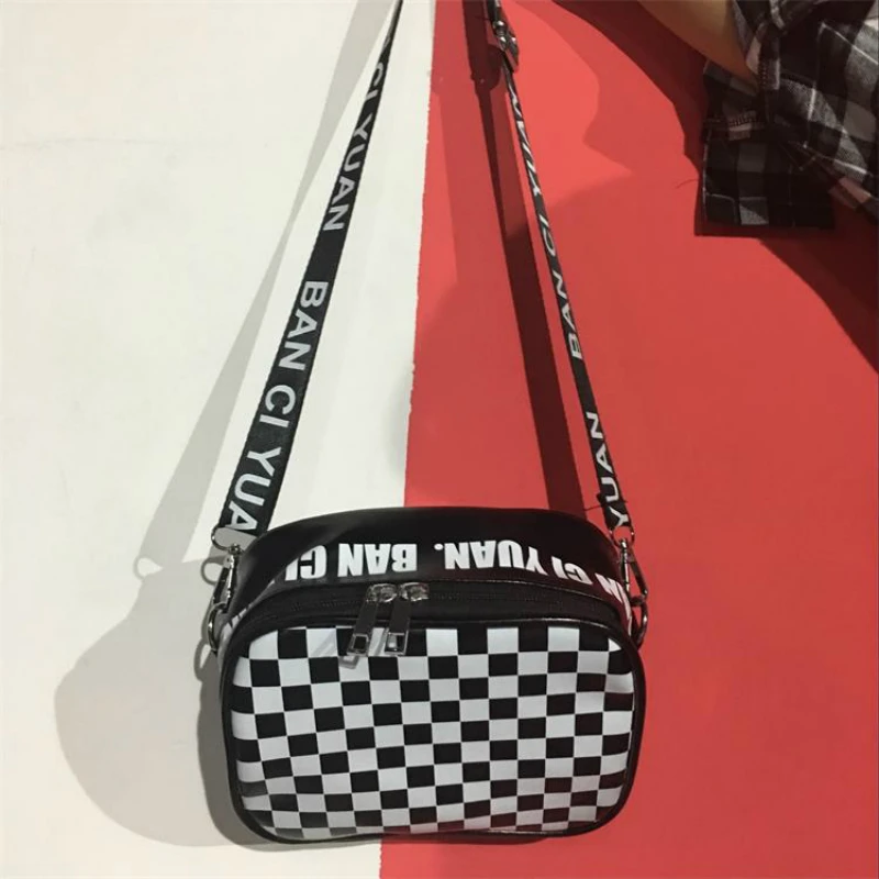 Dual use Women Checkerboard Crossbody Bag Black and White Plaid Storage Box Personality Shoulder ...