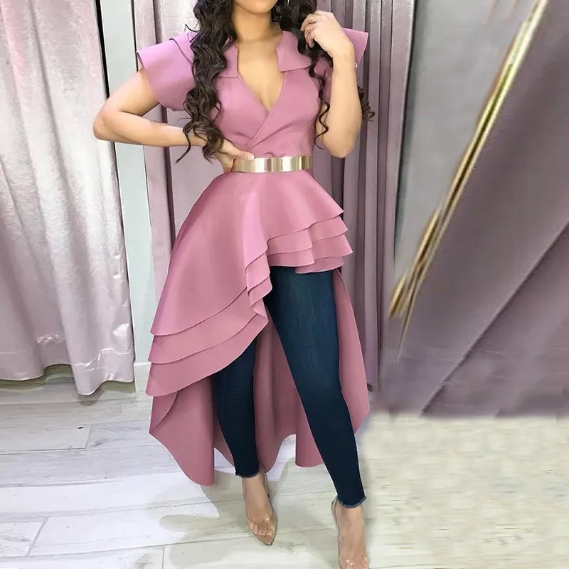 

2019 Women Short Sleeve Irregular Ruffles Blouse Casual Solid V-Neck Sexy Long Blouse Asymmetric Hem Slim Summer Top