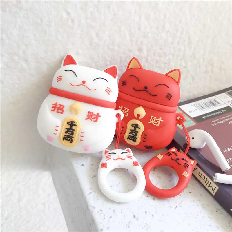 3D футболки с рисунками милого смайлика и Lucky Cat Сумочка для денег силиконовый чехол для Apple Airpods 1 2 Беспроводной наушники китайская живопись слов с крышкой