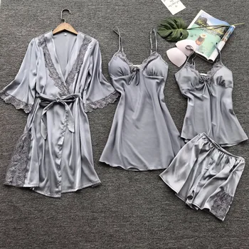 

Spring autumn women pajamas set silk satin ladies sleepwear pijama 4 pieces pajama sexy lounge nightwear