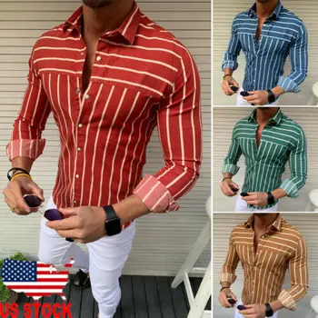 

Fashion Men's Slim Fit Stripe Long Sleeve Turn Down Collar Muscle Shirts Casual Shirts Tops
