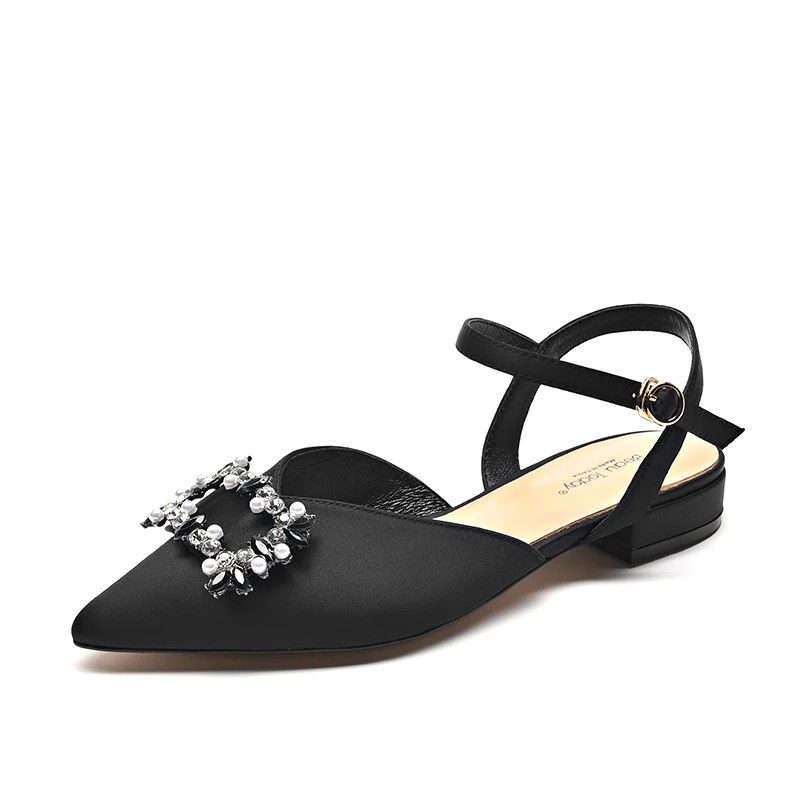 BeauToday Crystal Sandals Women Satin Cloth Pointed Toe Buckle Strap Ladies Party Wedding Summer Flats Handmade 32144 - Цвет: Black