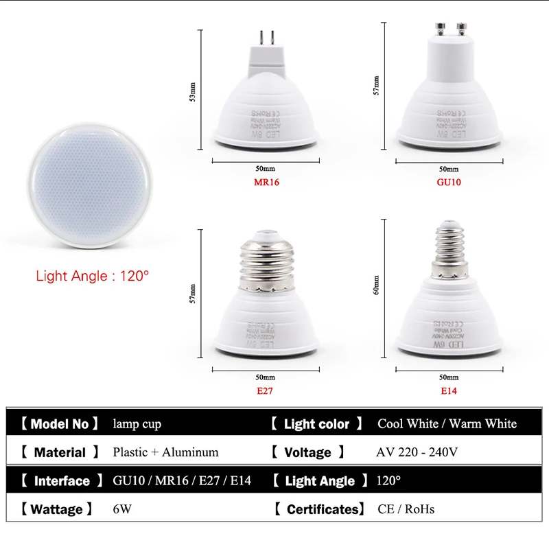 120 градусов E14 E27 MR16 GU10 лампада AC220-240V 6 Вт Светодиодный лампа Теплый светильник и белый светильник Точечный светильник Светодиодный лампа лампады светильник лампочка