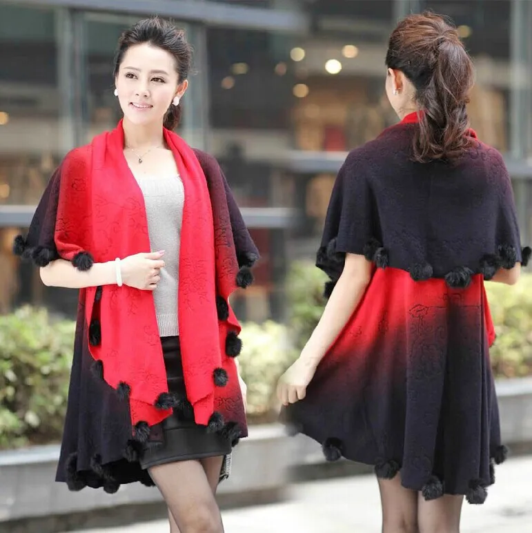 

New Winter Faux Wool Gradient Knitted Sweater Cardigans Dress Women Tricotado Casual Tassel Vintage Women Cloak Purple,Brown,Red