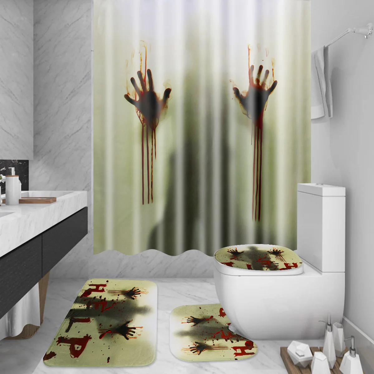 

4PCS 180x180cm Bath Waterproof Curtain Scary Creepy Bloody Hand Shower Curtain Halloween +Floor Mat+12 Hooks Home Bathroom Decor