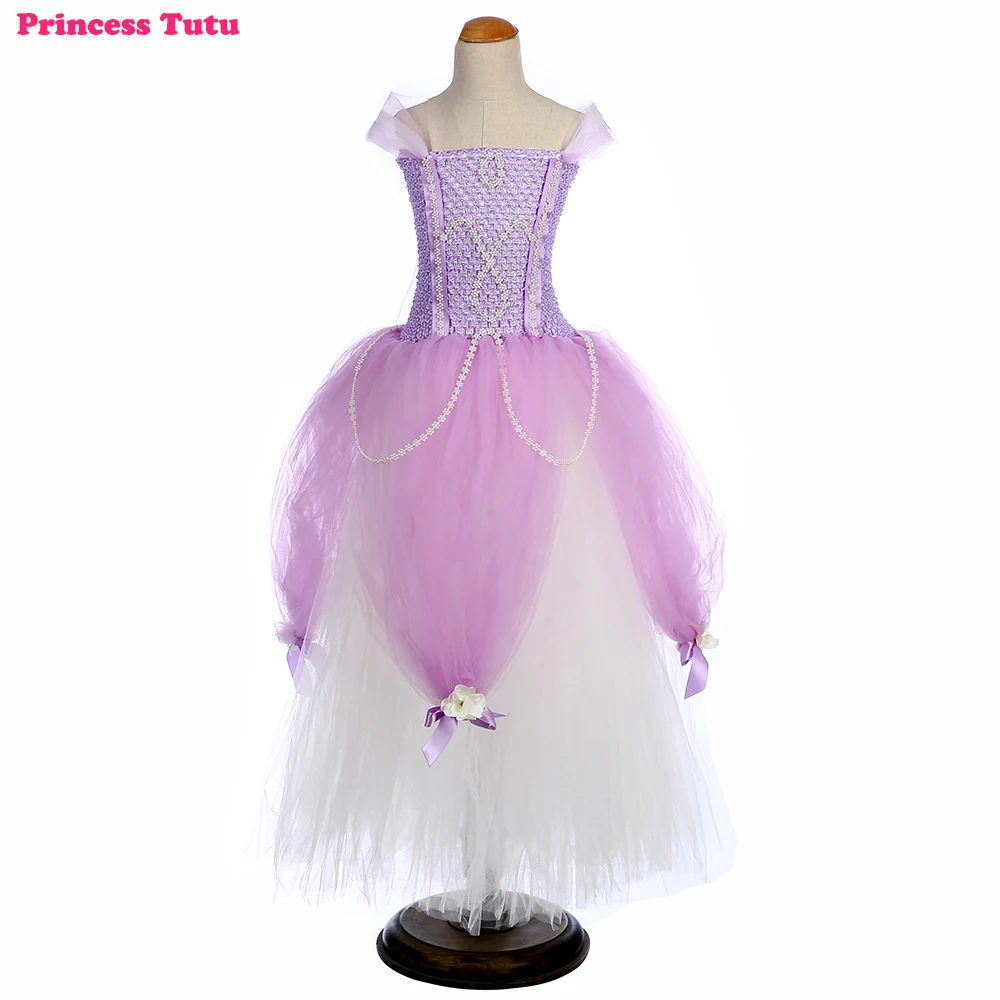 

Princess Sofia Birthday Party Tutu Dress Elegant Lavender White Flowers Girls Fluffy Long Prom Tutu Dresses Toddler Infant Kids