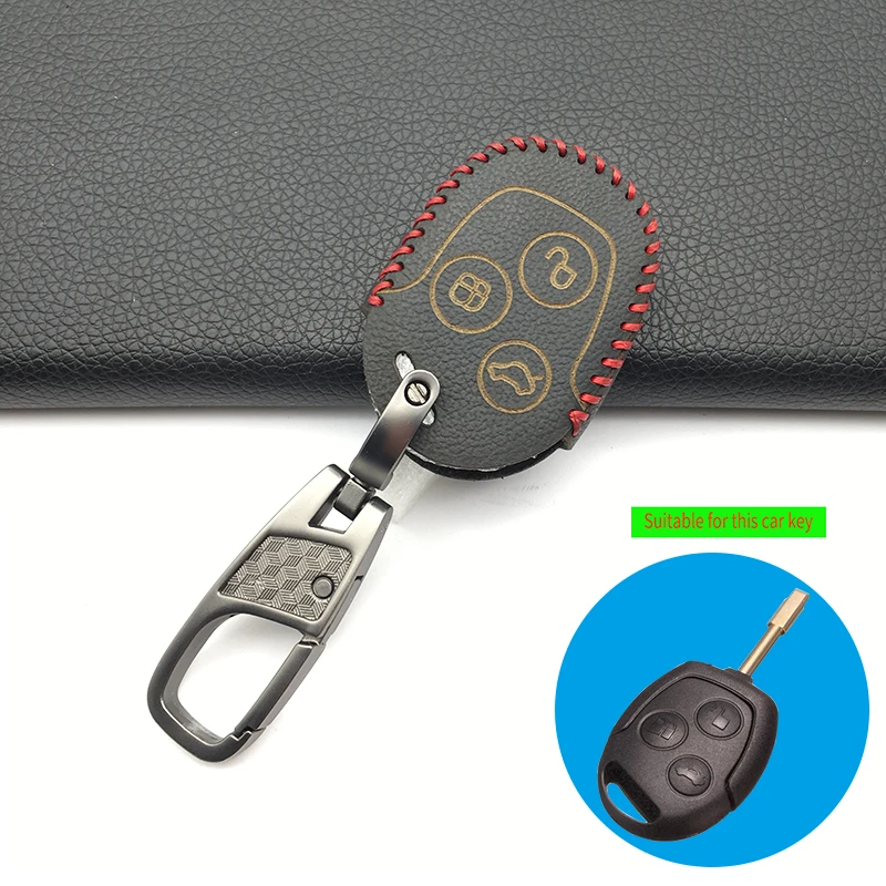 3 Buttons Remote Genuine Leather Car Fob Key Case Cover For Ford Focus