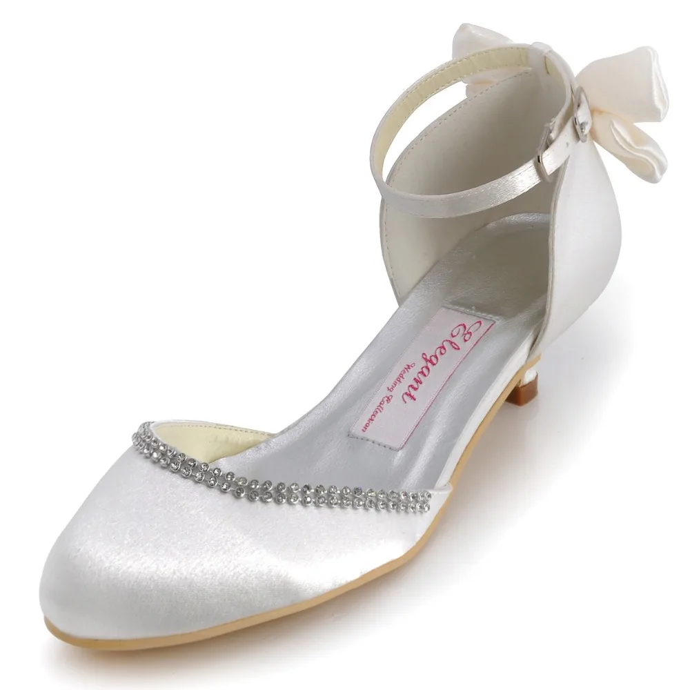 

EP41012 Women Shoes Bride Ivory Prom Evening Party Pumps Low Heel Wedding Bow Rhinestones Satin Bridal Shoes