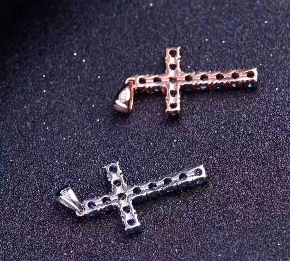 Винтажное ожерелье с драгоценным камнем и крестом, подвеска 12 шт., 3 мм, 1.5ct, натуральный сапфир, подвеска с крестом, твердая, 925 серебро, сапфир, подвеска, ювелирное изделие