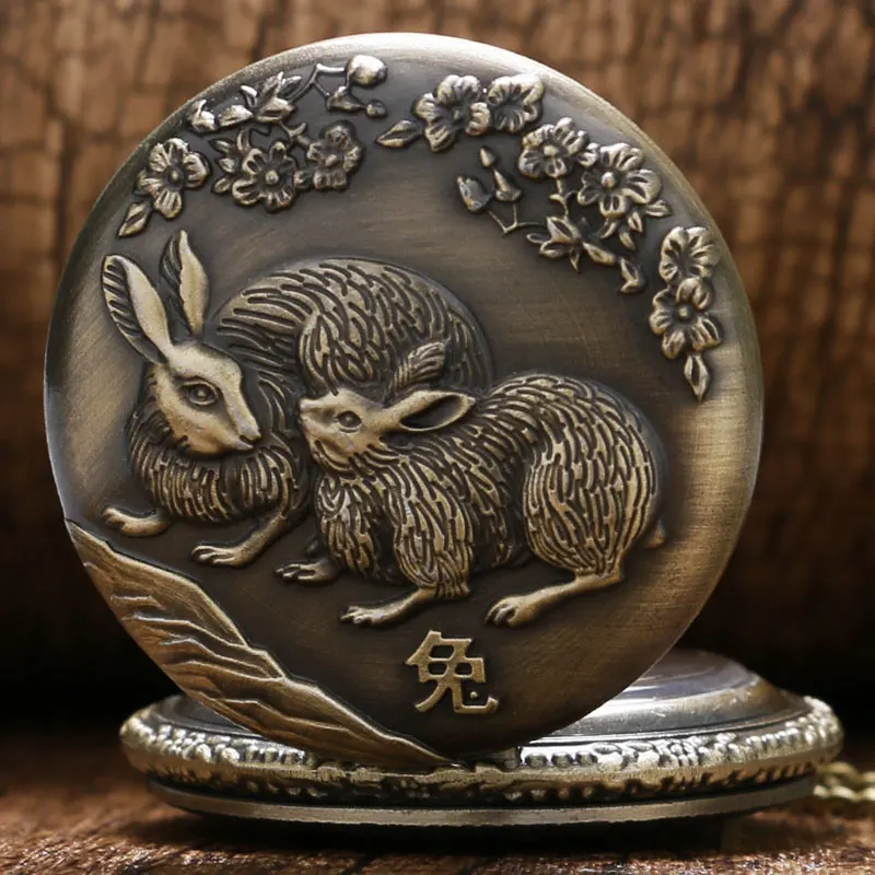 Винтаж бронзовый Прекрасный милый кролик знаки кварцевые карманные часы для Для мужчин Для женщин мальчик девочка Цепочки и ожерелья Fob