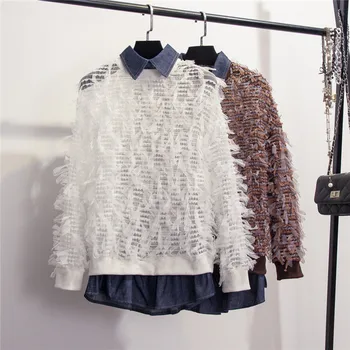 

2018 Fall Women Harajuku Shirt Fashion Jean Splice Feather Tassel Blouse Perspective Mesh Tops Female Students Loose Shirts