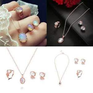

Elegant Opal Jewelry Sets For Woman Moonstone Pendant Necklaces Ladies Choker Water Stud Earring Ring Wedding Jewelry Gifts