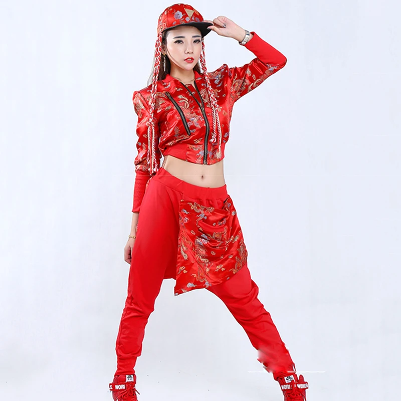 Хип-хоп танцевальный костюм для взрослых красный дракон и феникс вышивка пальто брюки для мужчин и женщин сценическая одежда для певцов джазовая одежда DT1064