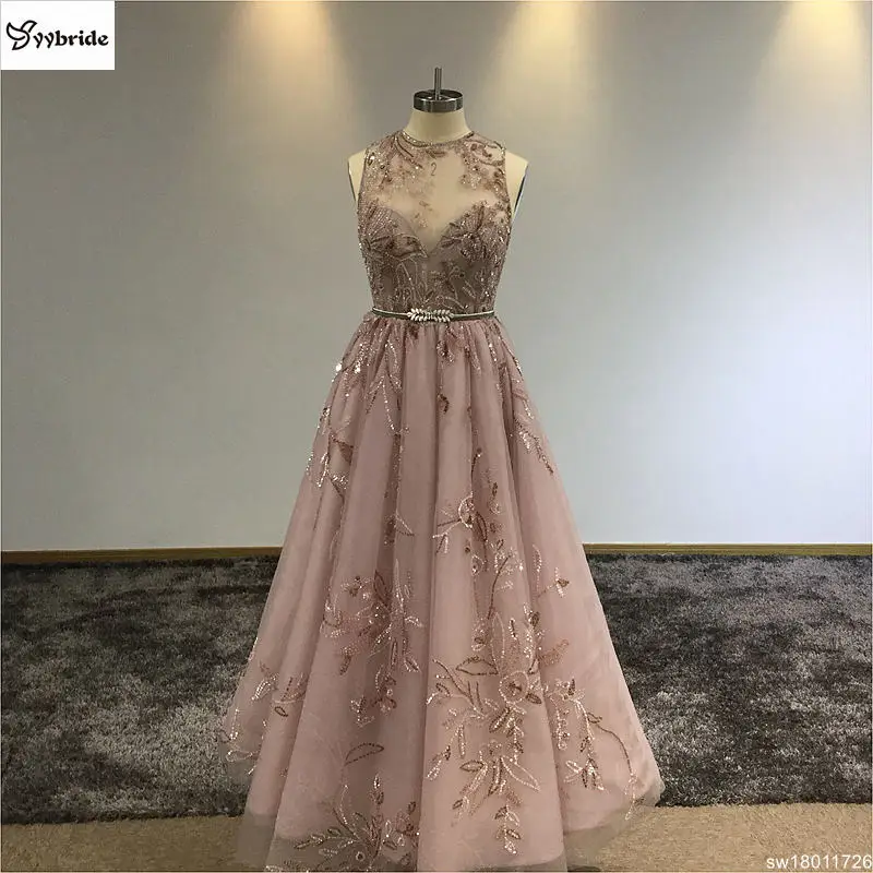 

Surmount Customized A-Line Illusion Prom Dresses Sleeveless Hand Sewing Crystals Flowers Floor-Length Evening Dress