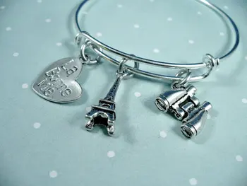 

12pcs Paris La Bonne Vie Binoculars Travel The Good Life Silver Bangle Bracelet, Adjustable Bangle